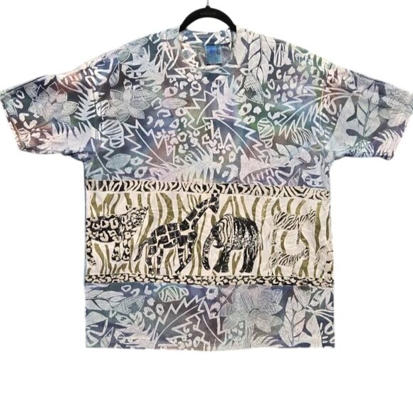 EZL Tops - Vintage EZL Marcy n' Me Batik Eclectic Safari Painted All Over Print Graphic T-S